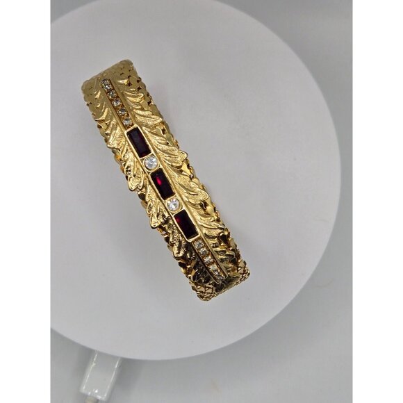 VTG GOLD Plated Cuff Bangle Bracelet Garnet and Rhinestone .75" thick scale - Picture 2 of 8